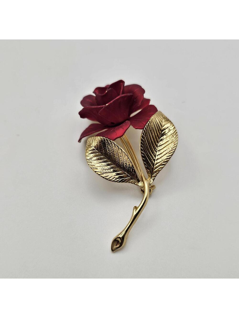 Vintage Cerrito Red Rose Brooch Gold Tone Enamel Floral Pin - Picture 4 of 9